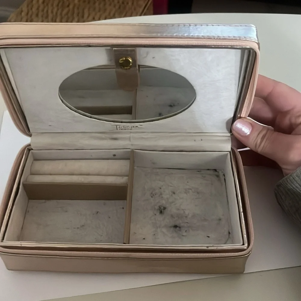 rose gold light copper zip around jewelry box with mirror and secret compartment